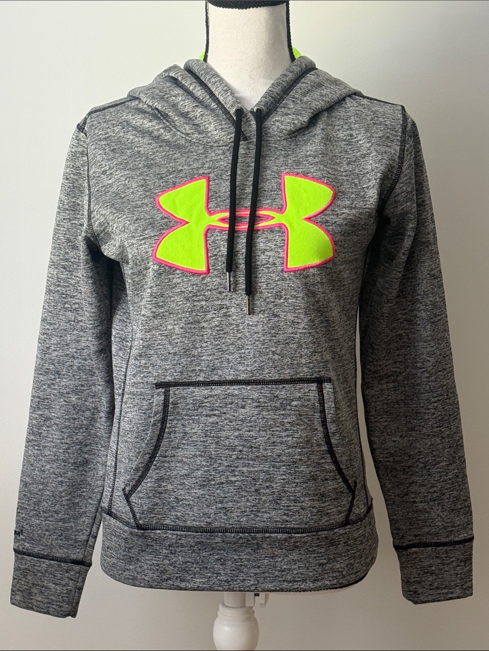 Under Armour Women’s Heather Gray Hoodie with Neon Yellow Logo and Pink